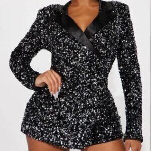 Runway Style Sequin Romper - Black - XL